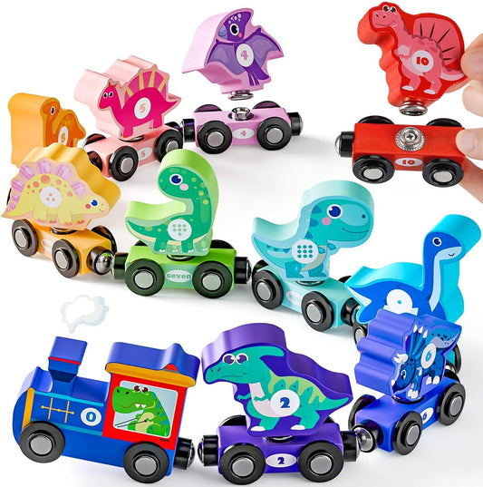 Wooden Magnetic Train Toys for 1 2 Year Old Boy Gifts - Snap Dinosaur Train Set for Boys Toys Age 2 3 4 - Educational Montessori Toys for Girls Age 2 3 Easter Birthday Gift