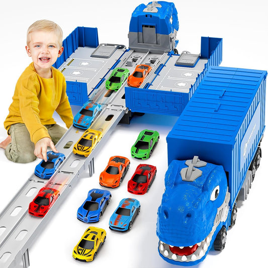 Dinosaur Transport Truck Toys Cars for 2 3 4 Year Old Boys：64 Inch Folded Container Cars Toys for Boys Birthday Present - Carrier Vehicles Toys Set Gifts for Kids Todllers Age 2 3 4 5